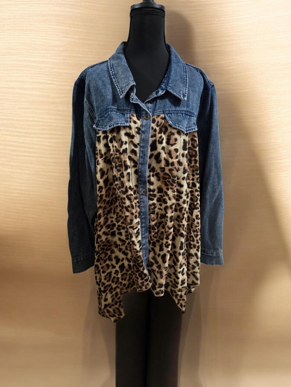 Denim Shacket with Leopard Sheer Print Front!  NWT XL